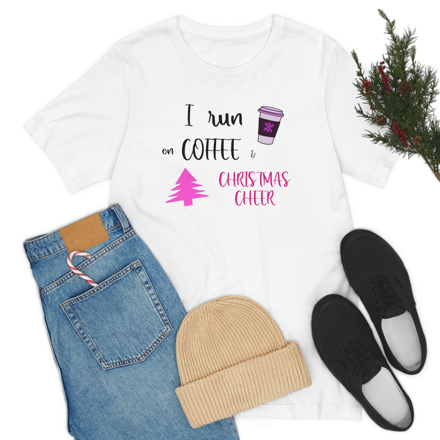 Holiday Coffee and Cheer Pink Unisex Jersey Short Sleeve Tee