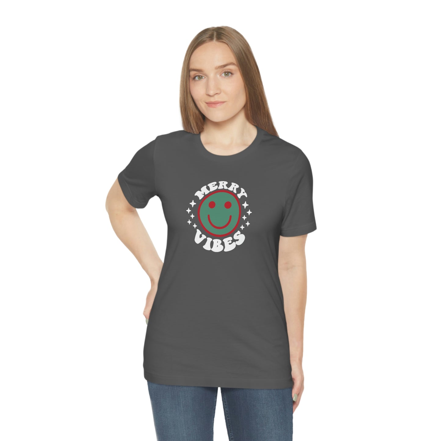 Holiday Merry Vibes Smiley Unisex Jersey Short Sleeve Tee